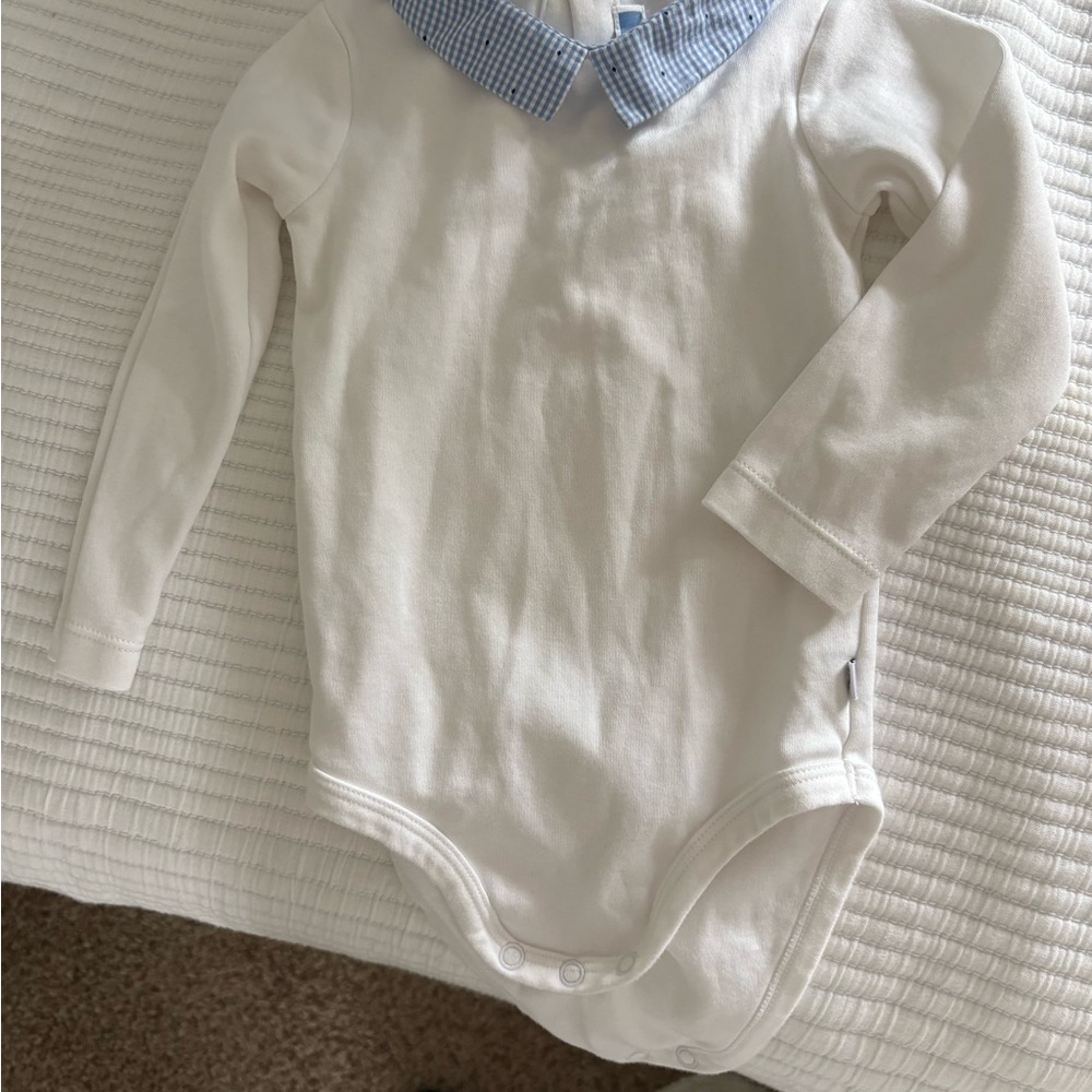 Jacadi White Baby Onesie with Blue gingham collar, 12m